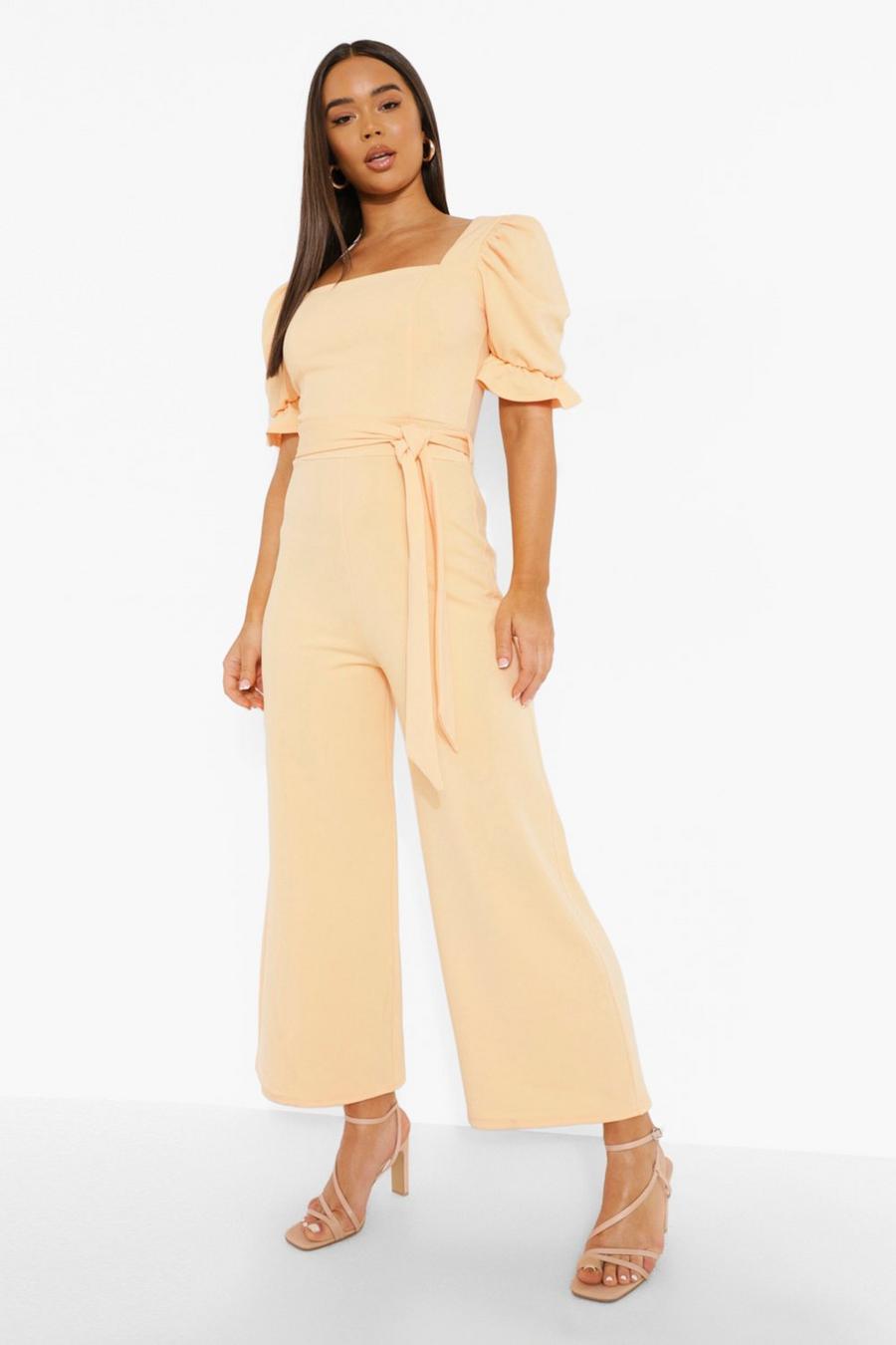 Peach Puff Sleeve Square Neck Tailored Jumpsuit image number 1