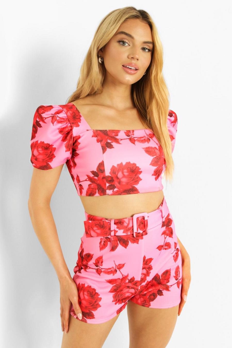 Pink Floral Puff Sleeve Crop Top & Belted Shorts Set image number 1