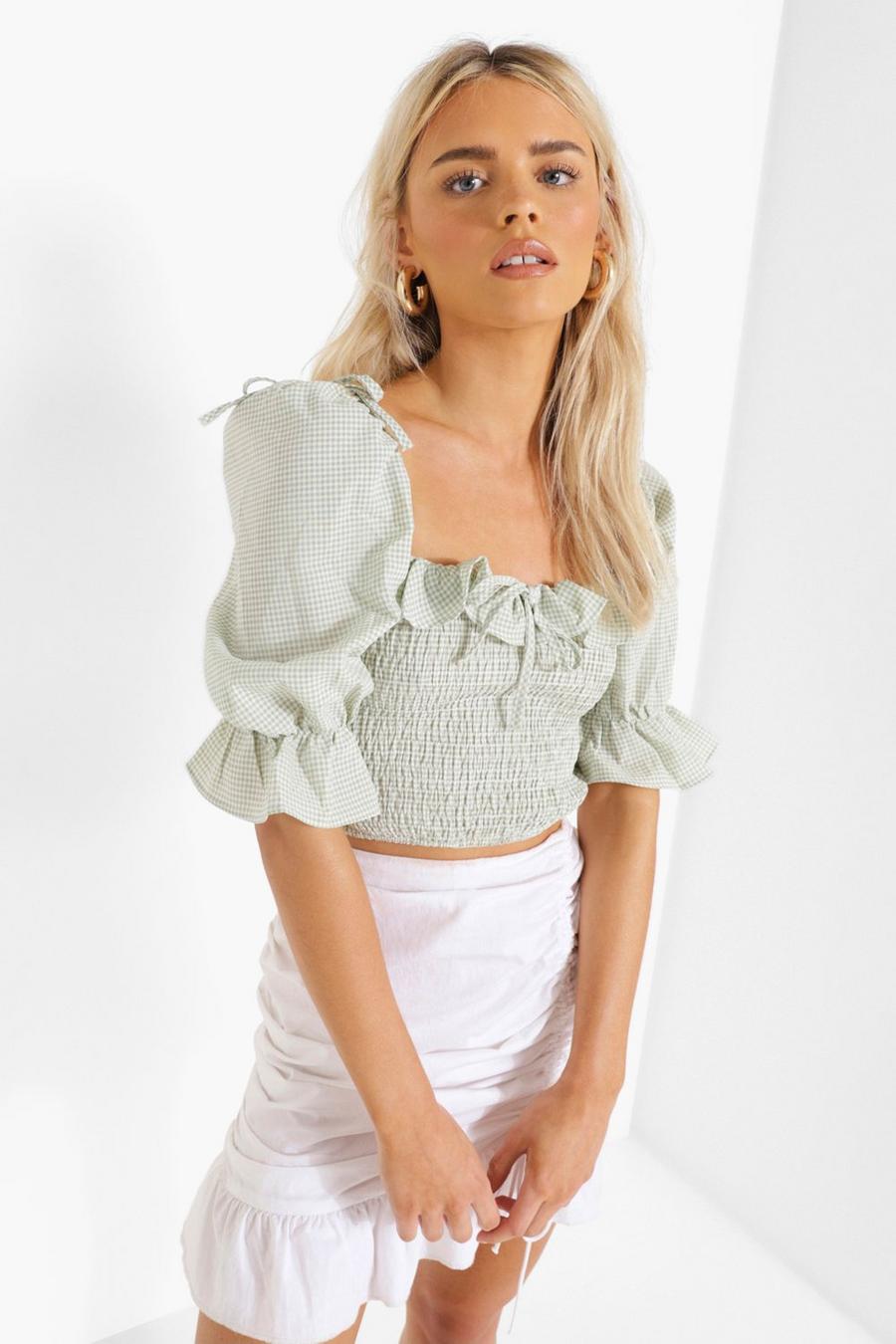 Green Gingham Print Shirred Puff Sleeve Crop Top image number 1