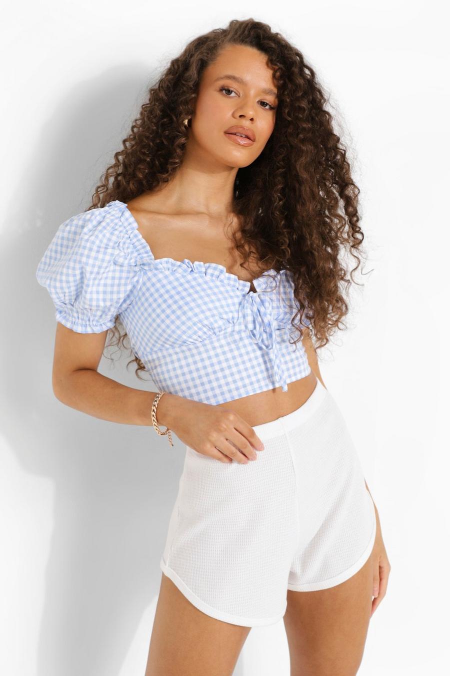 Blue Gingham Puff Sleeve Crop Top image number 1