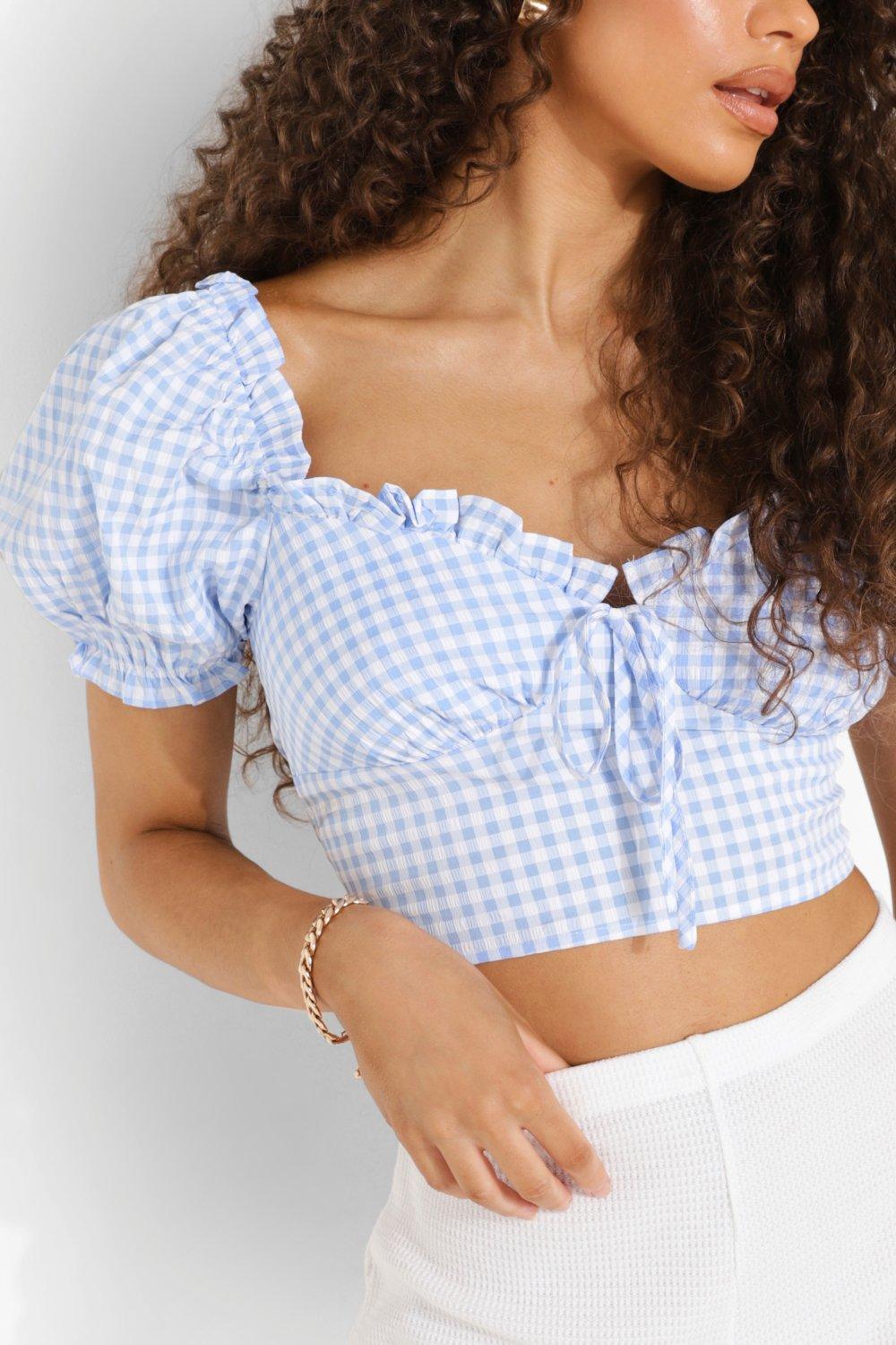 gingham puff sleeve crop top