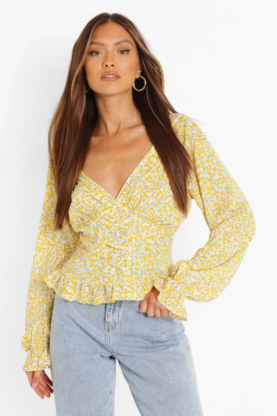 Yellow Floral Corset Detail Woven Blouse image number 1