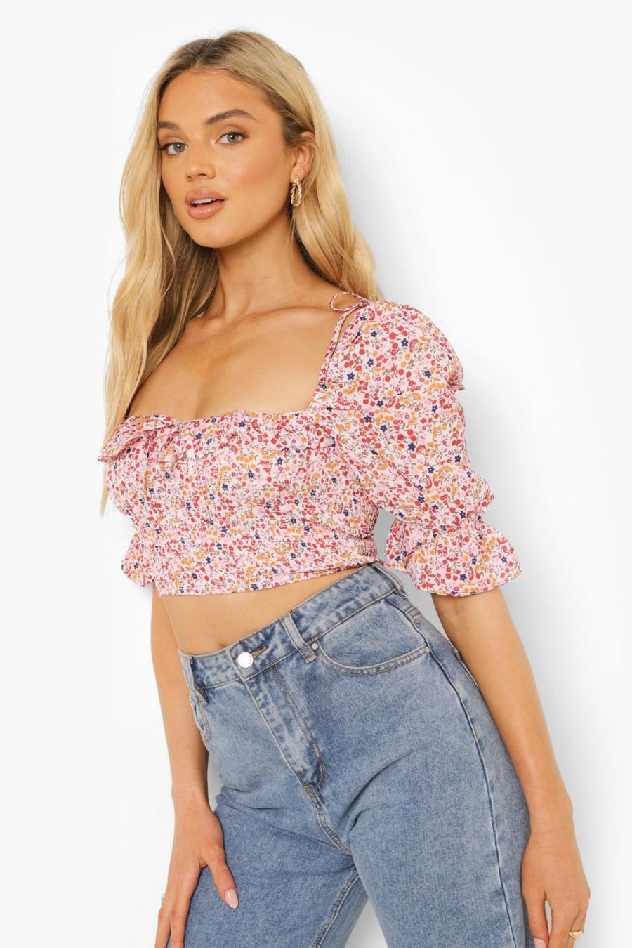 Pink Ditsy Print Shirred Puff Sleeve Crop Top image number 1