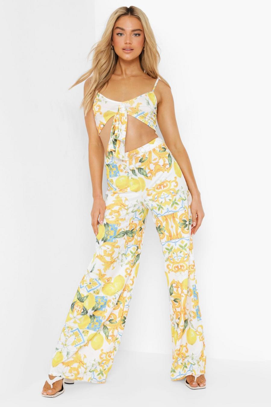 White Lemon Print Tie Front And Wide Leg Co Ord image number 1