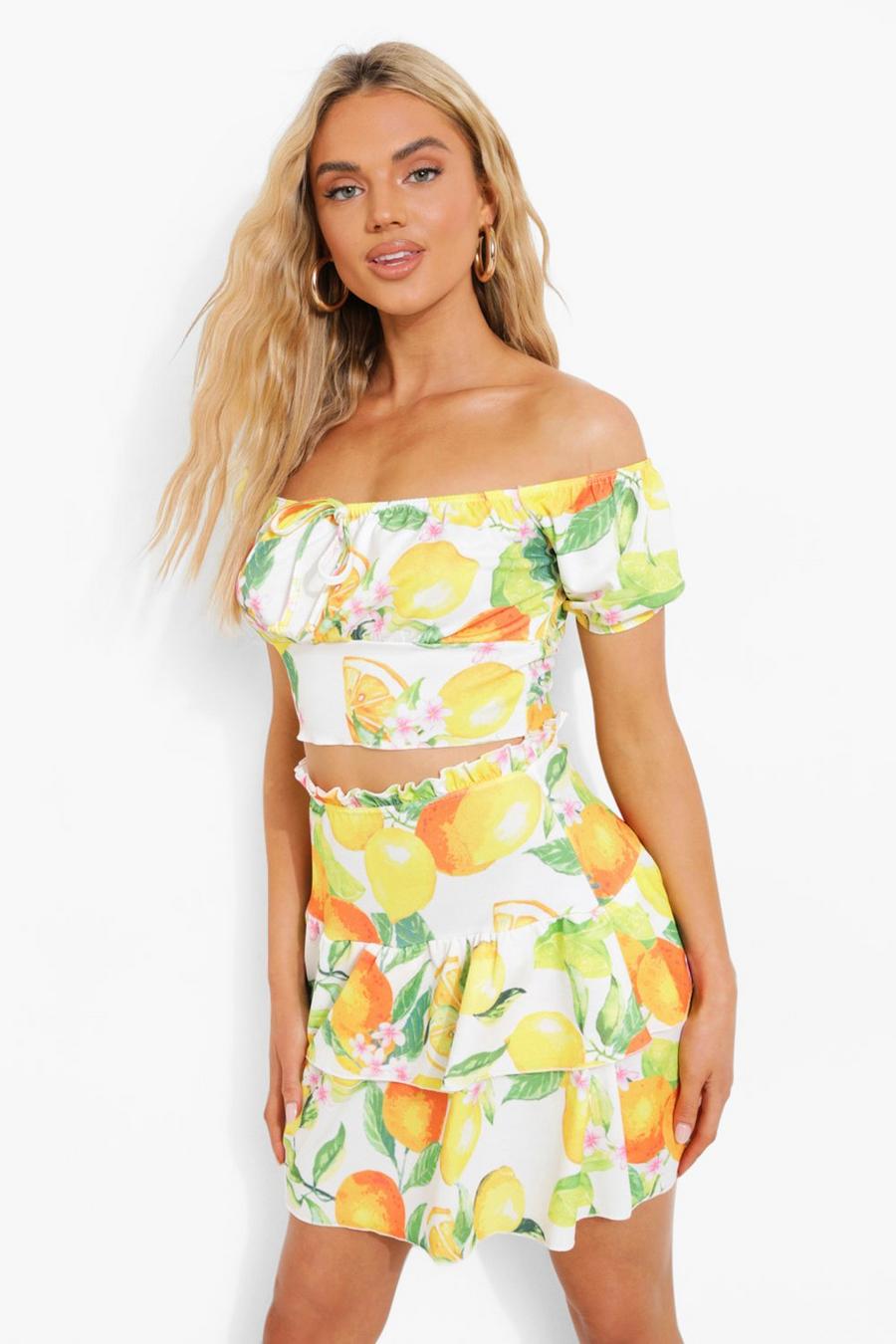 White Citrus Print Frill Skirt
