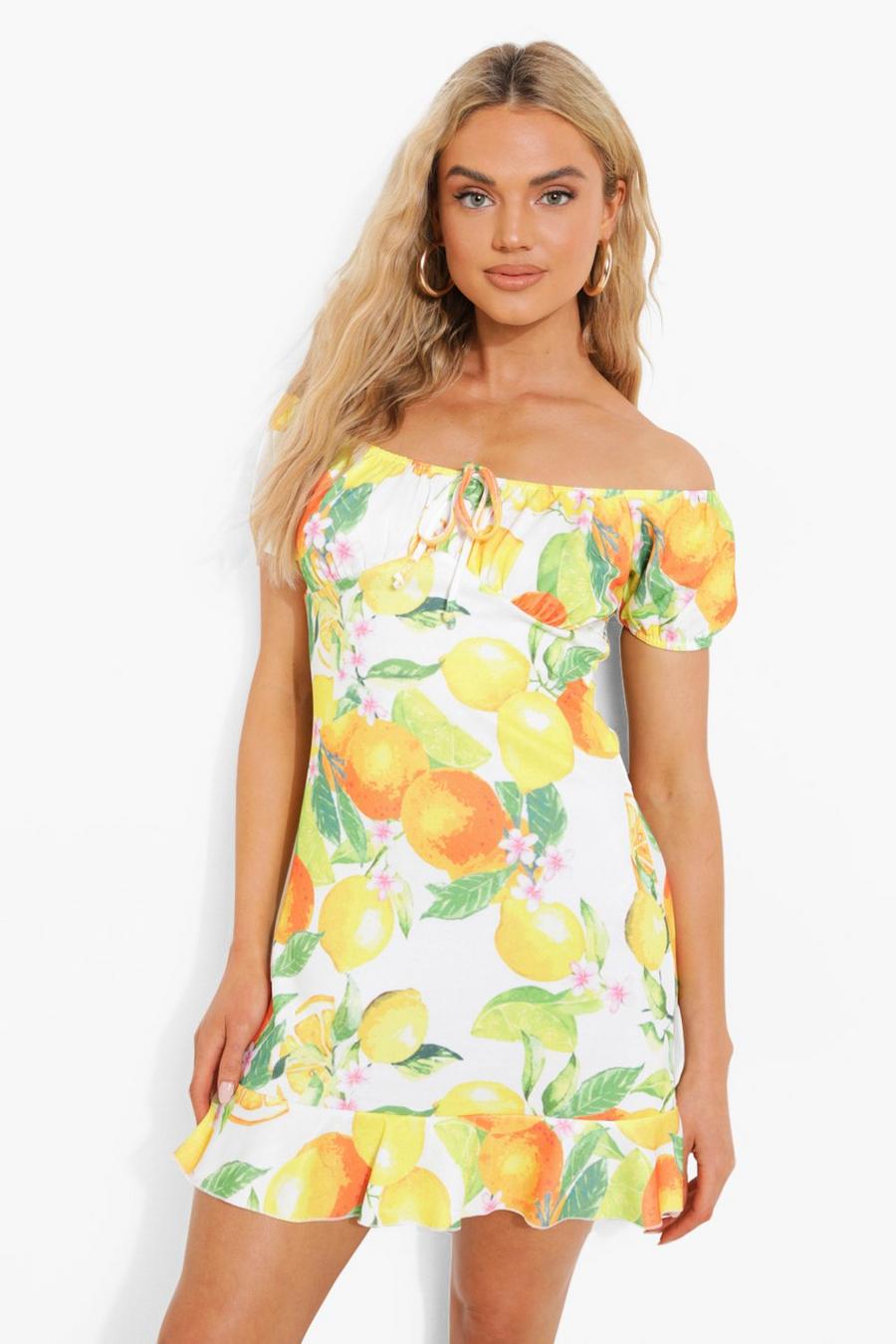 White Citrus Print Tie Front Mini Dress image number 1