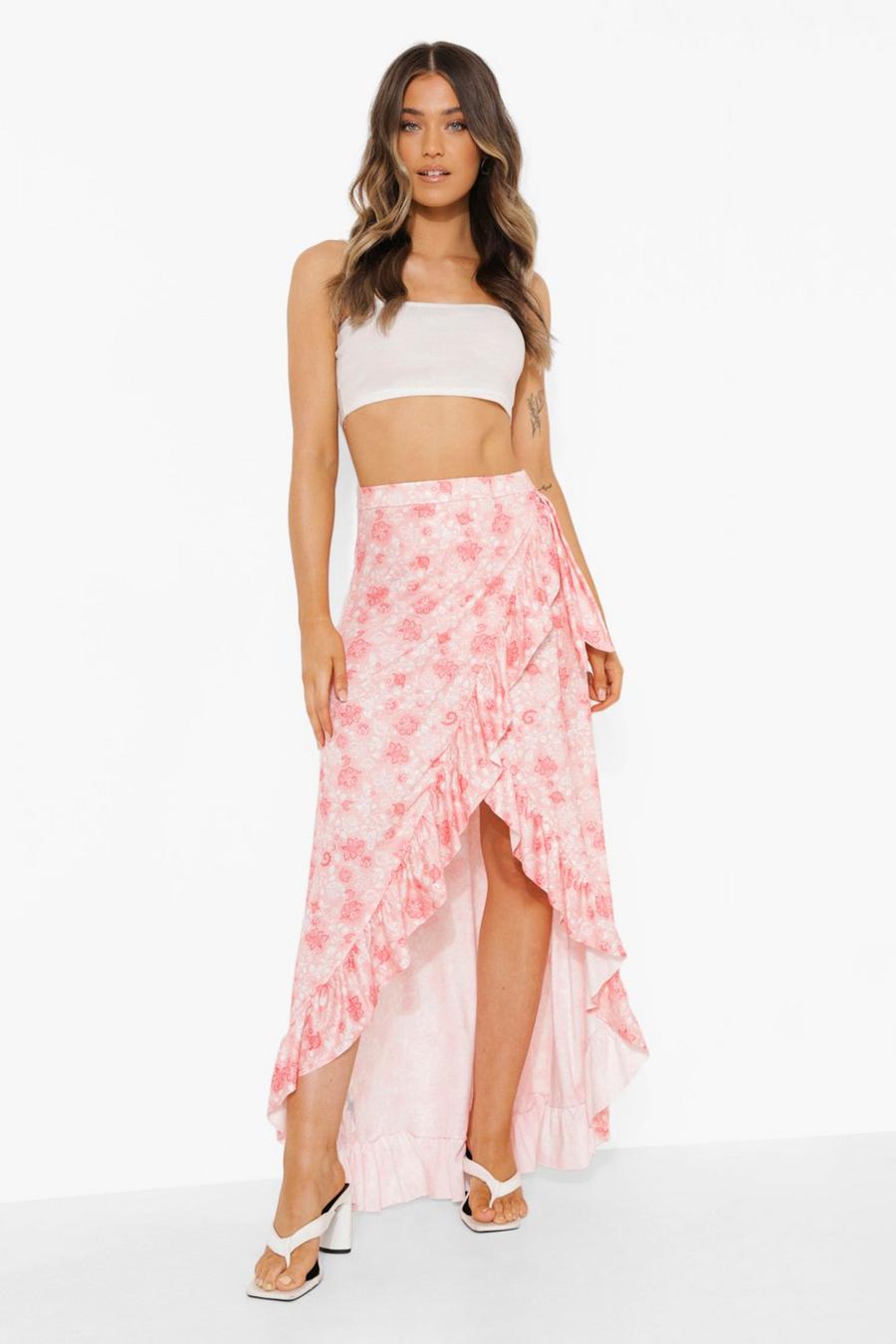 Pink Paisley Jersey Knit Wrap Maxi Skirt image number 1
