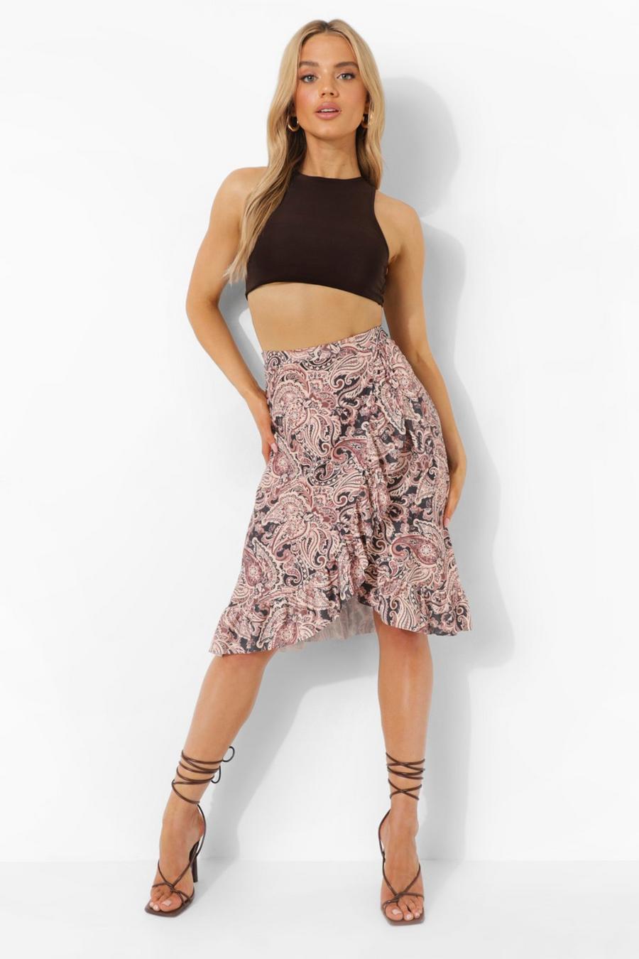 Brown Paisley Jersey Knit Wrap Midi Skirt image number 1