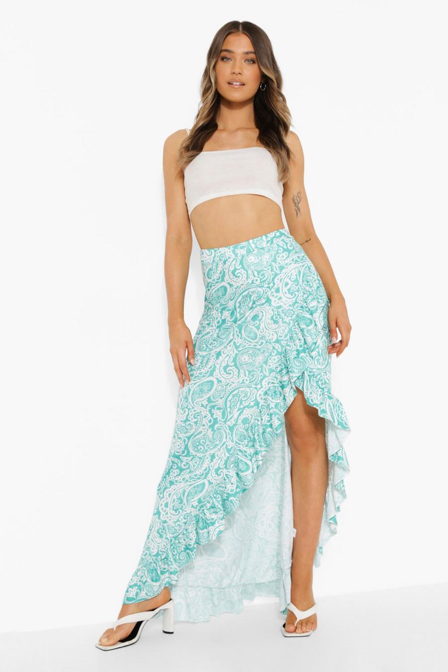 Mint Paisley Jersey Knit Wrap Maxi Skirt image number 1