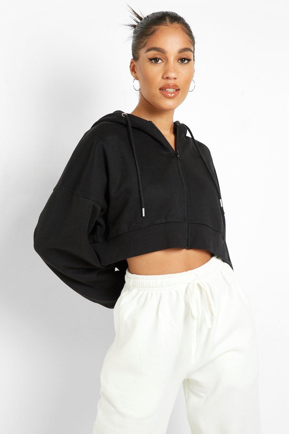 Black Recycled Cropped Zip Hoodie