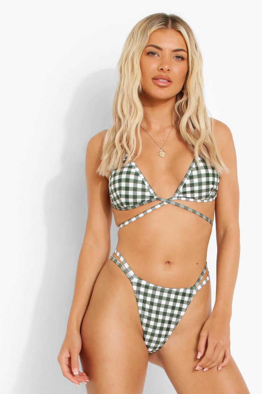 Green Gingham Strappy Thong Bikini Brief image number 1