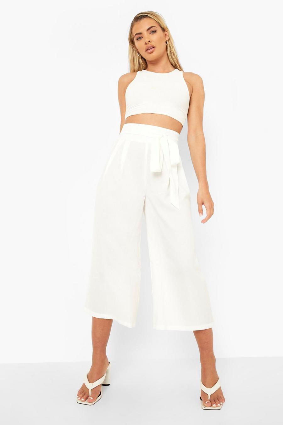 White Geplooide Geweven Culottes Met Grote Taille Band image number 1