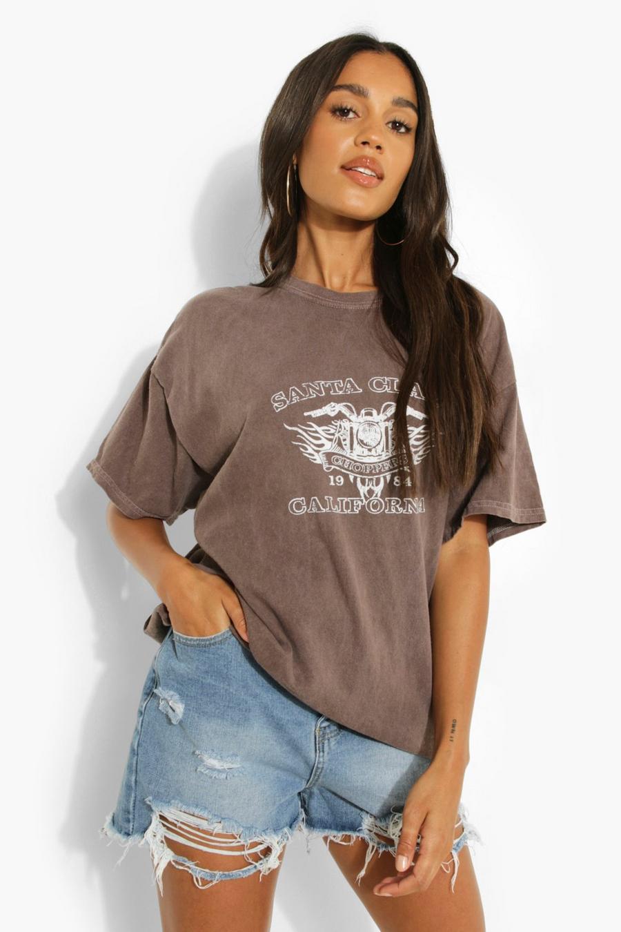 Chocolate Oversized Cotton Overdyed Printed T Shirt image number 1