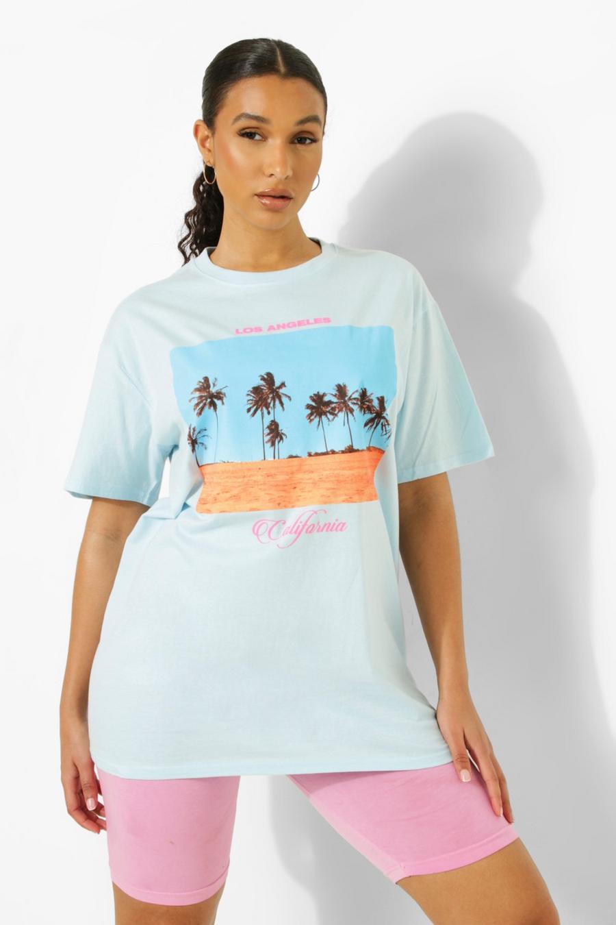 Camiseta oversize con estampado de palmeras California, Azul pálido image number 1