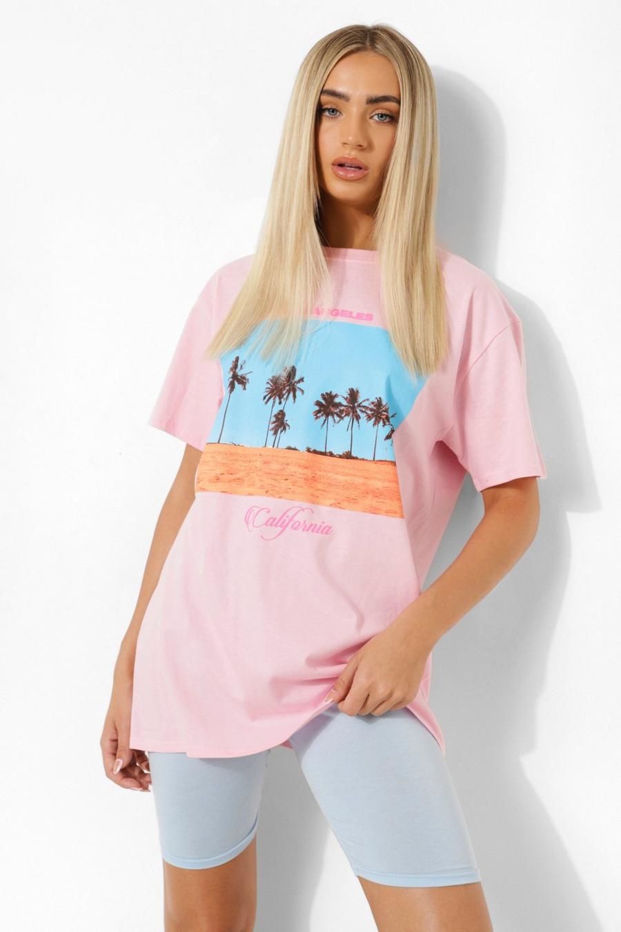 T-shirt Oversize con stampa di palme californiane, Pale pink rosa image number 1