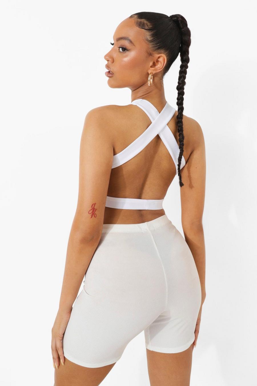 White Cross Detail Open Back Rib Crop Top image number 1