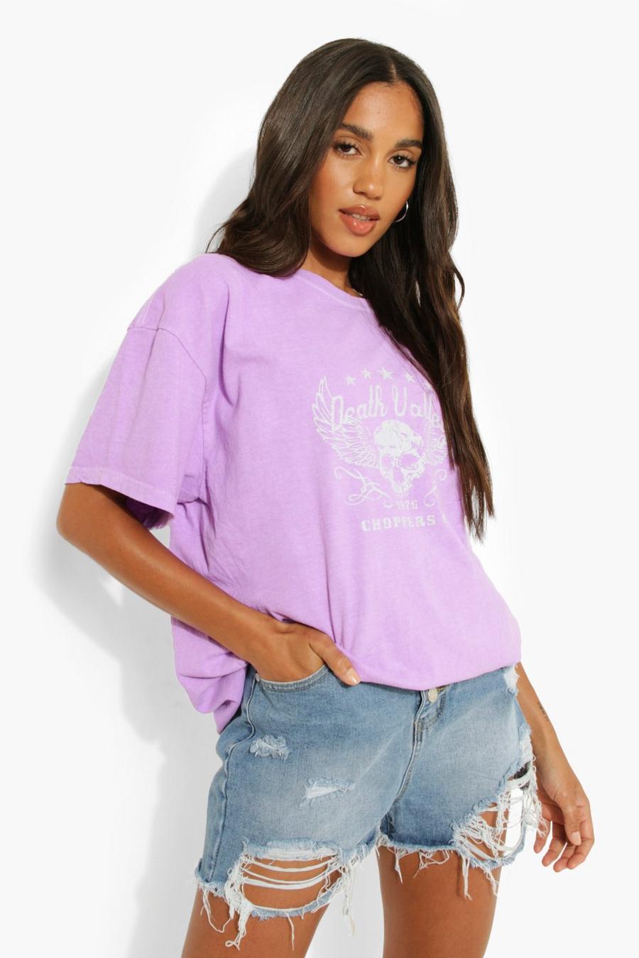 Purple Oversized Cotton Overdyed Printed T Shirt image number 1