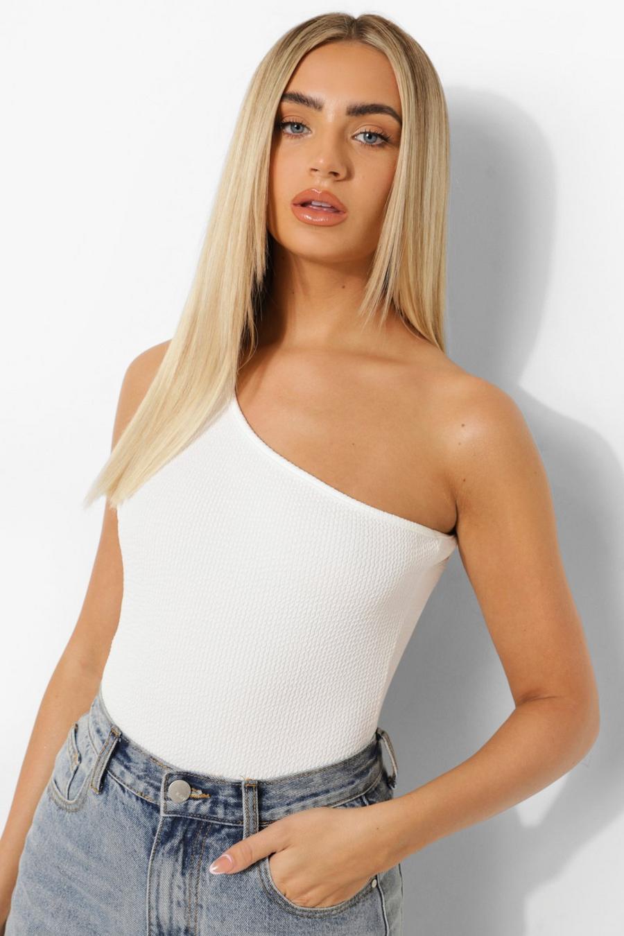 White Textured Rib Cut Out Back Bodysuit image number 1