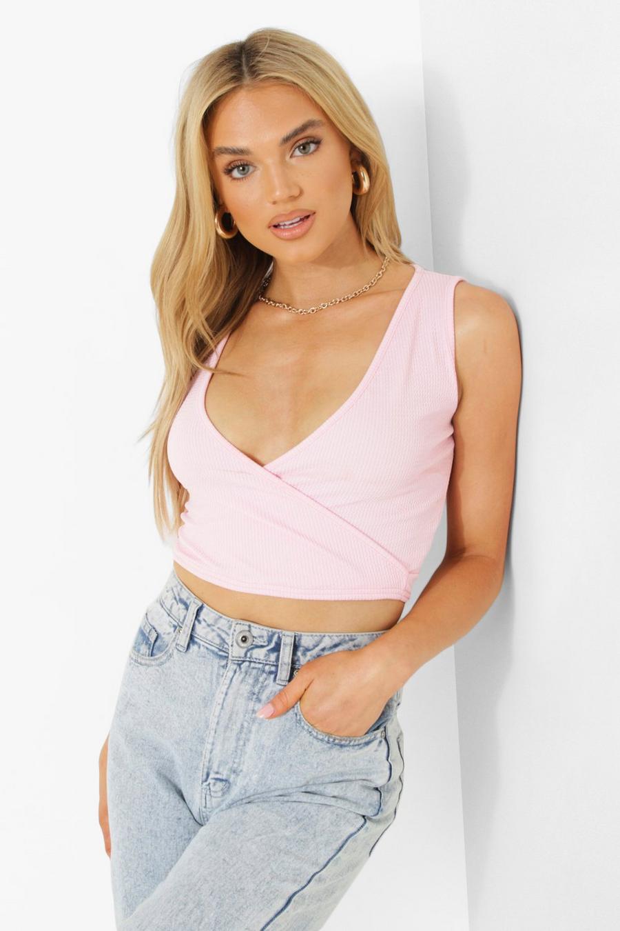 Baby pink Textured Rib V Neck Asymmetric Crop Top image number 1