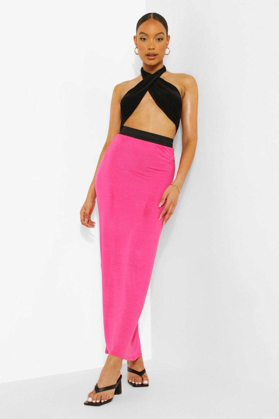 Hot pink rosa Jersey Maxi Rok Met Contrasterende Taille