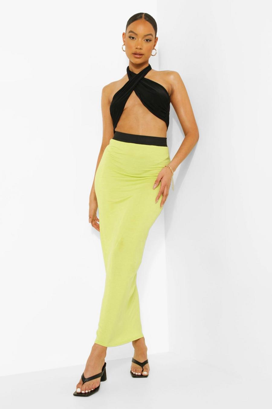 Lime Jersey Maxi Rok Met Contrasterende Taille image number 1