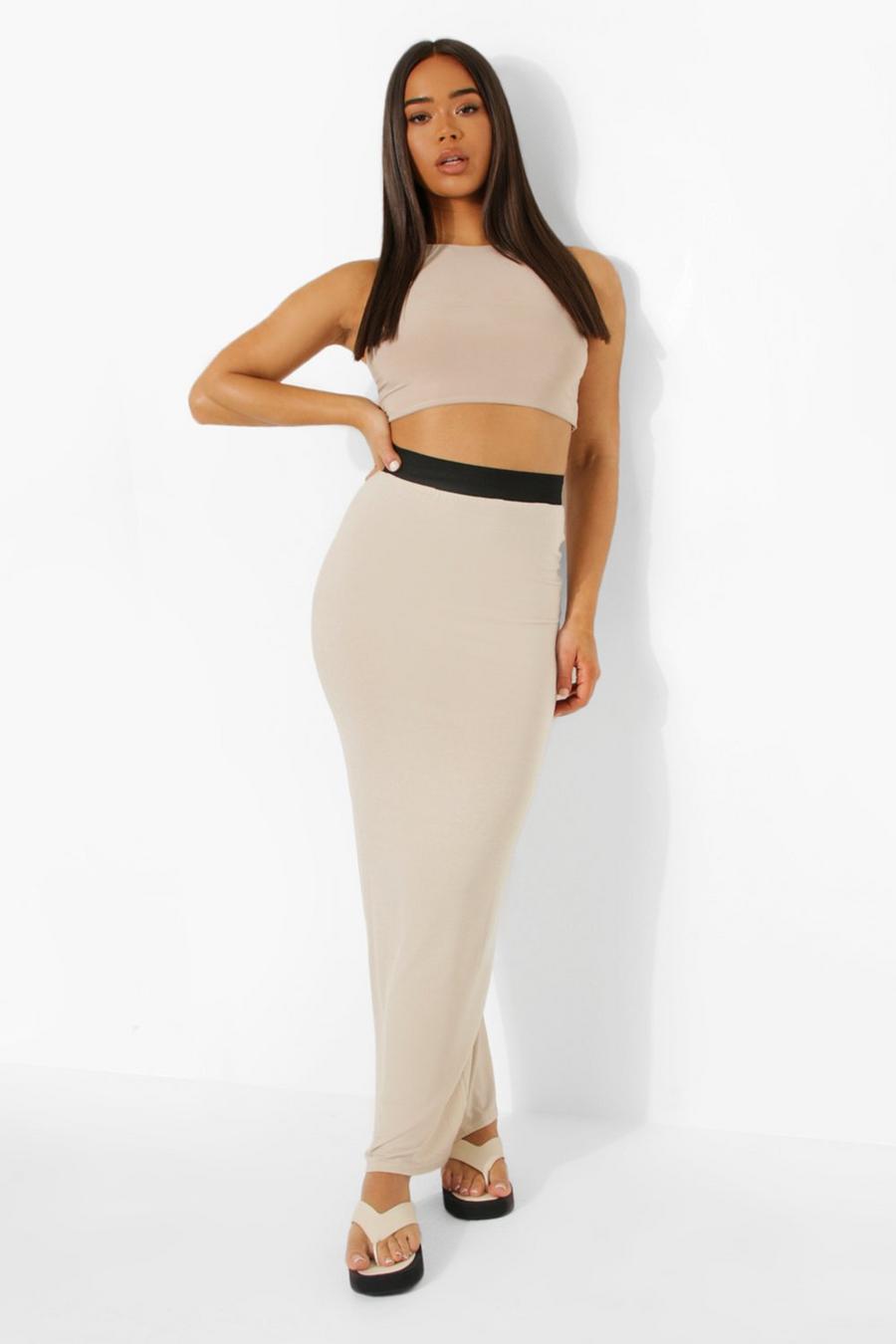 Stone Jersey Maxi Rok Met Contrasterende Taille image number 1