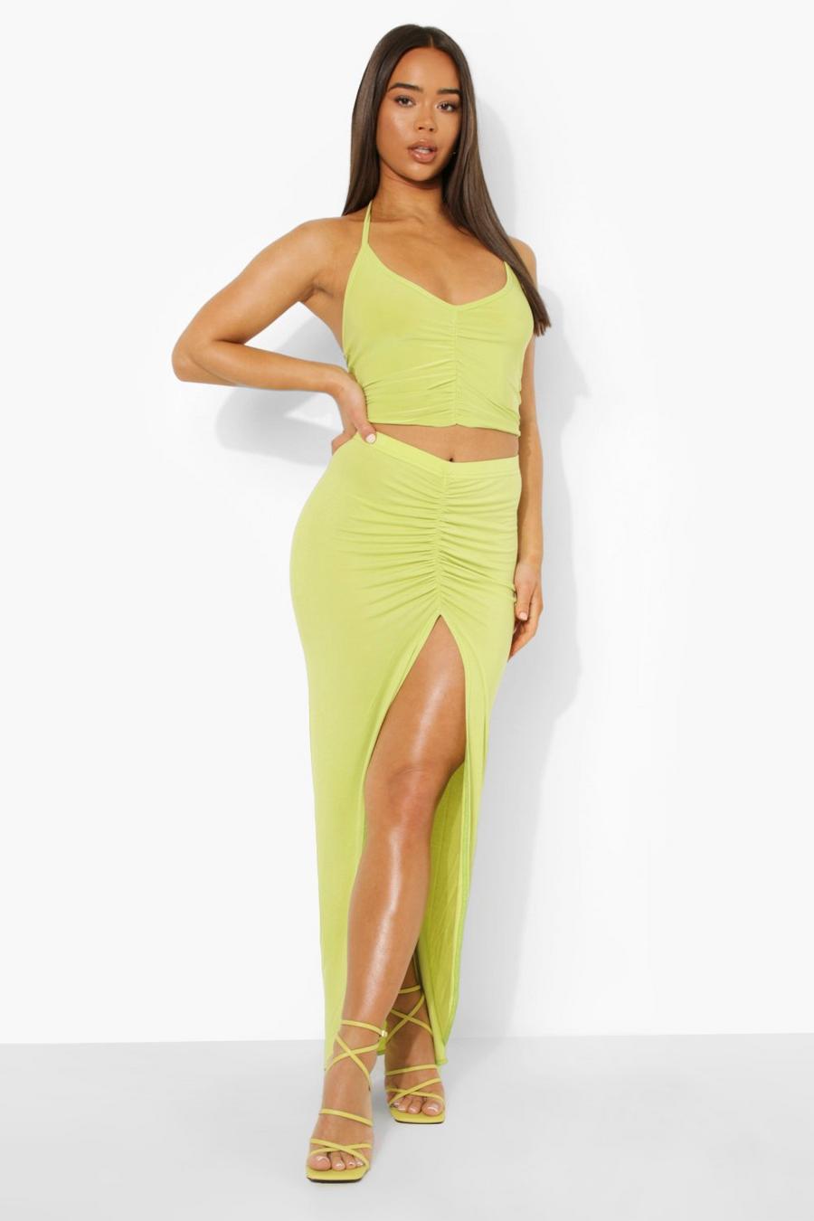 Lime Ruched Side Jersey Knit Maxi Skirt image number 1