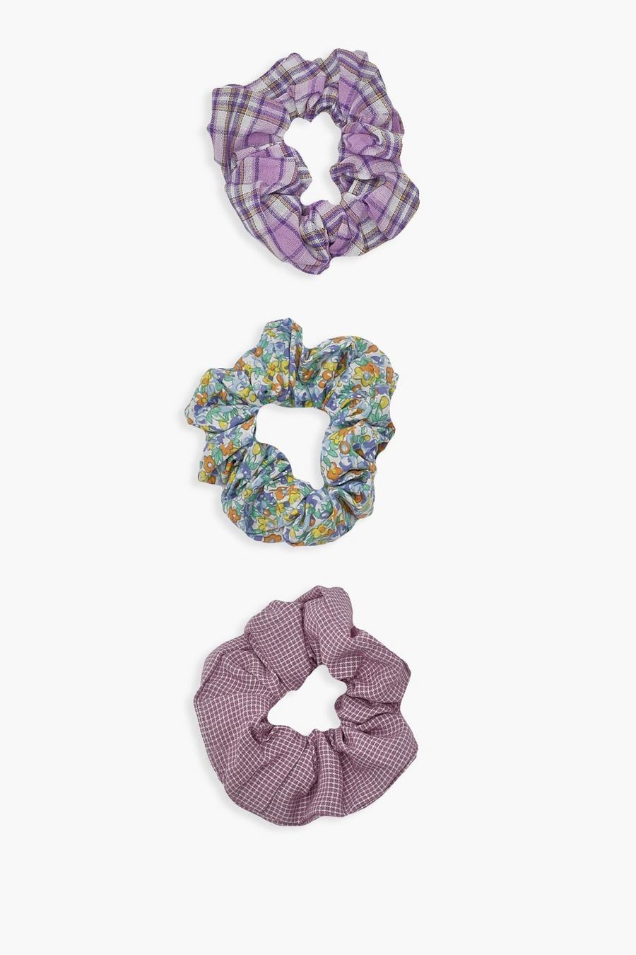 Purple 3 Pack Floral And Check Scrunchie Pack image number 1