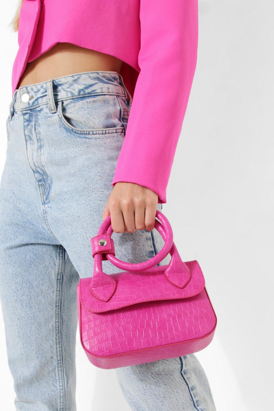 Mini Crocodile Embossed Dome Bag Neon Pink Funky Double Handle For