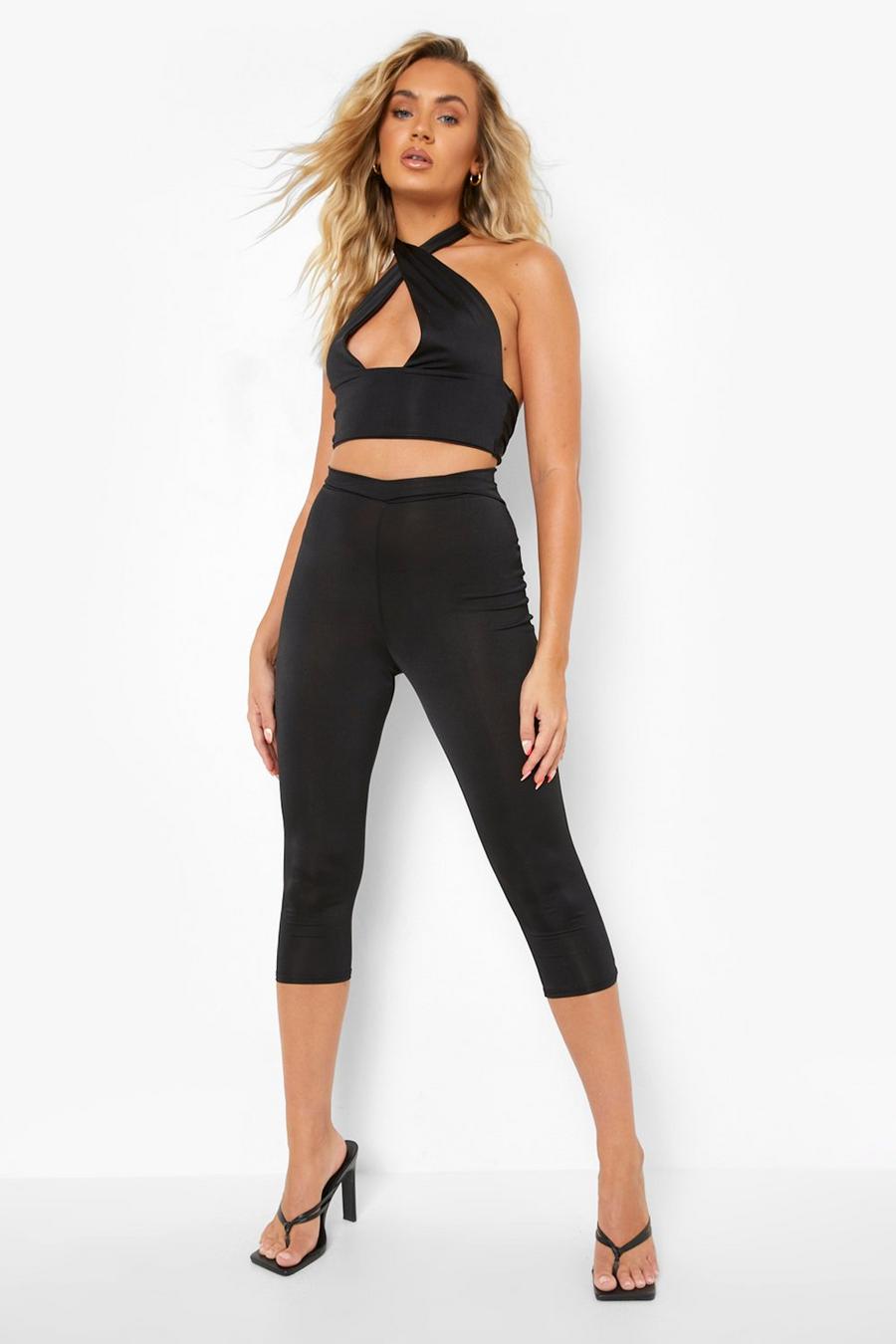 Black Recycled Slinky Waist Detail Two-Piece Leggings image number 1