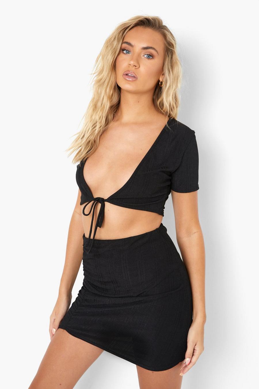 Black Recycled Slinky Rib Tie Two-Piece Top image number 1