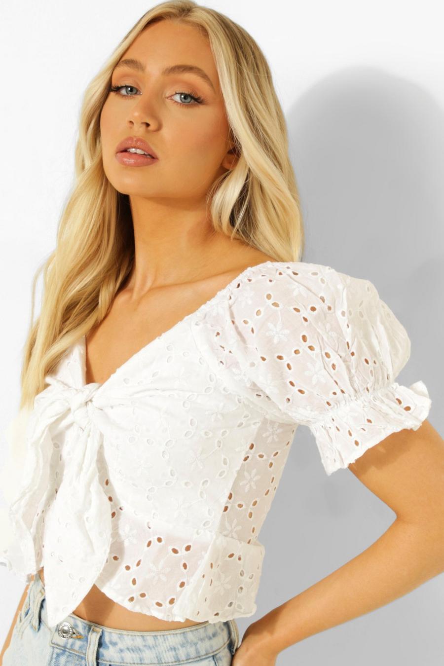 Broderie Crop Top mit Knotendetail, White image number 1
