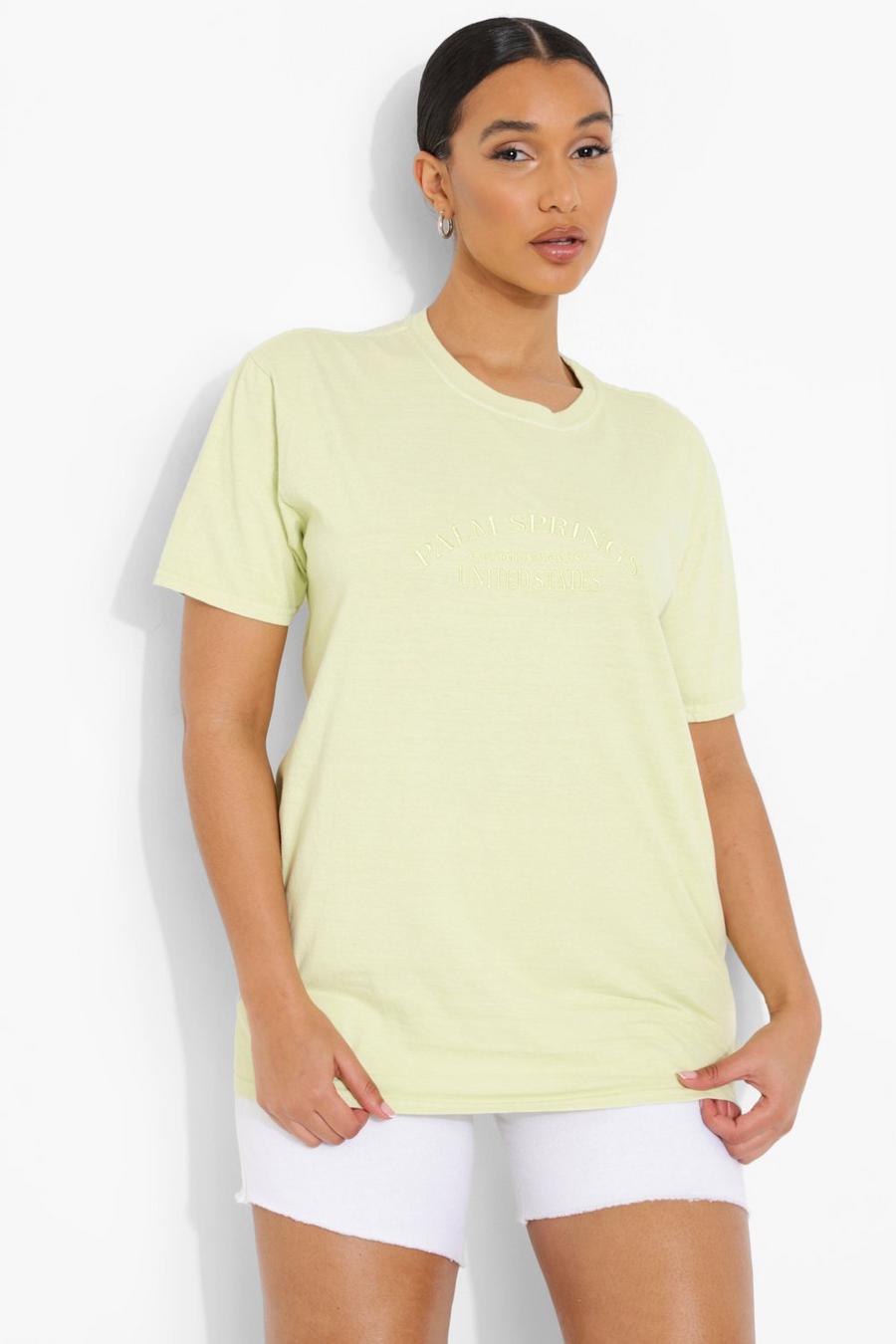 Pale green Cotton Embroidered California Overdyed T-Shirt image number 1