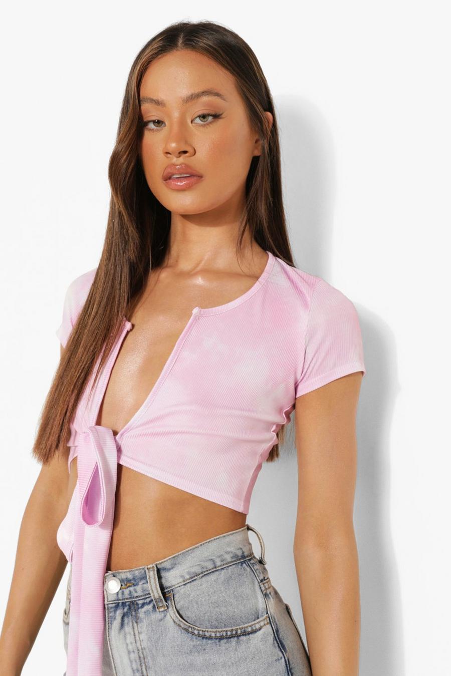 Candy pink Notch Neck Tie Dye Tie Front Rib Crop Top image number 1