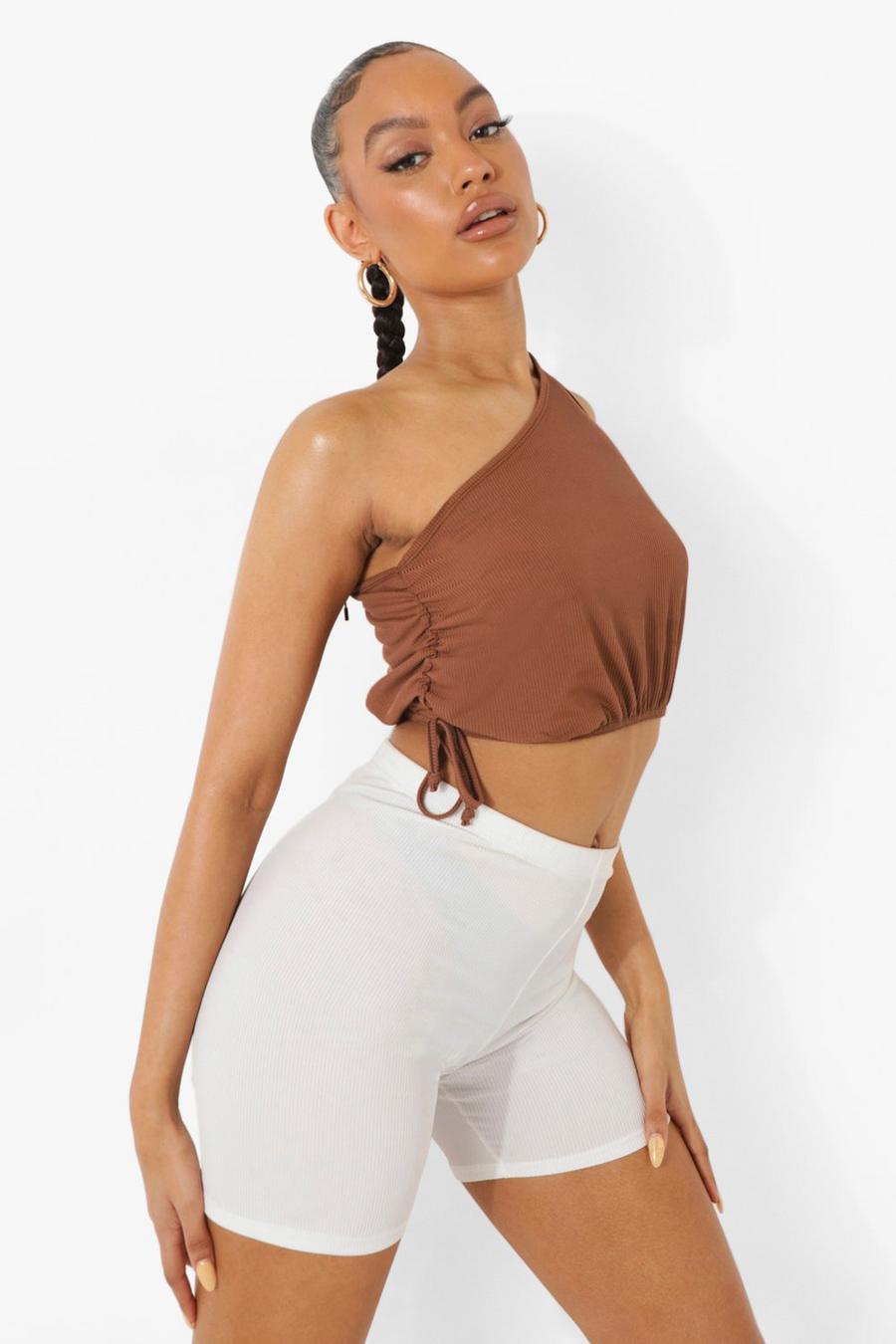 Chocolate One Shoulder Ruched Side Detail Ribbed Top image number 1