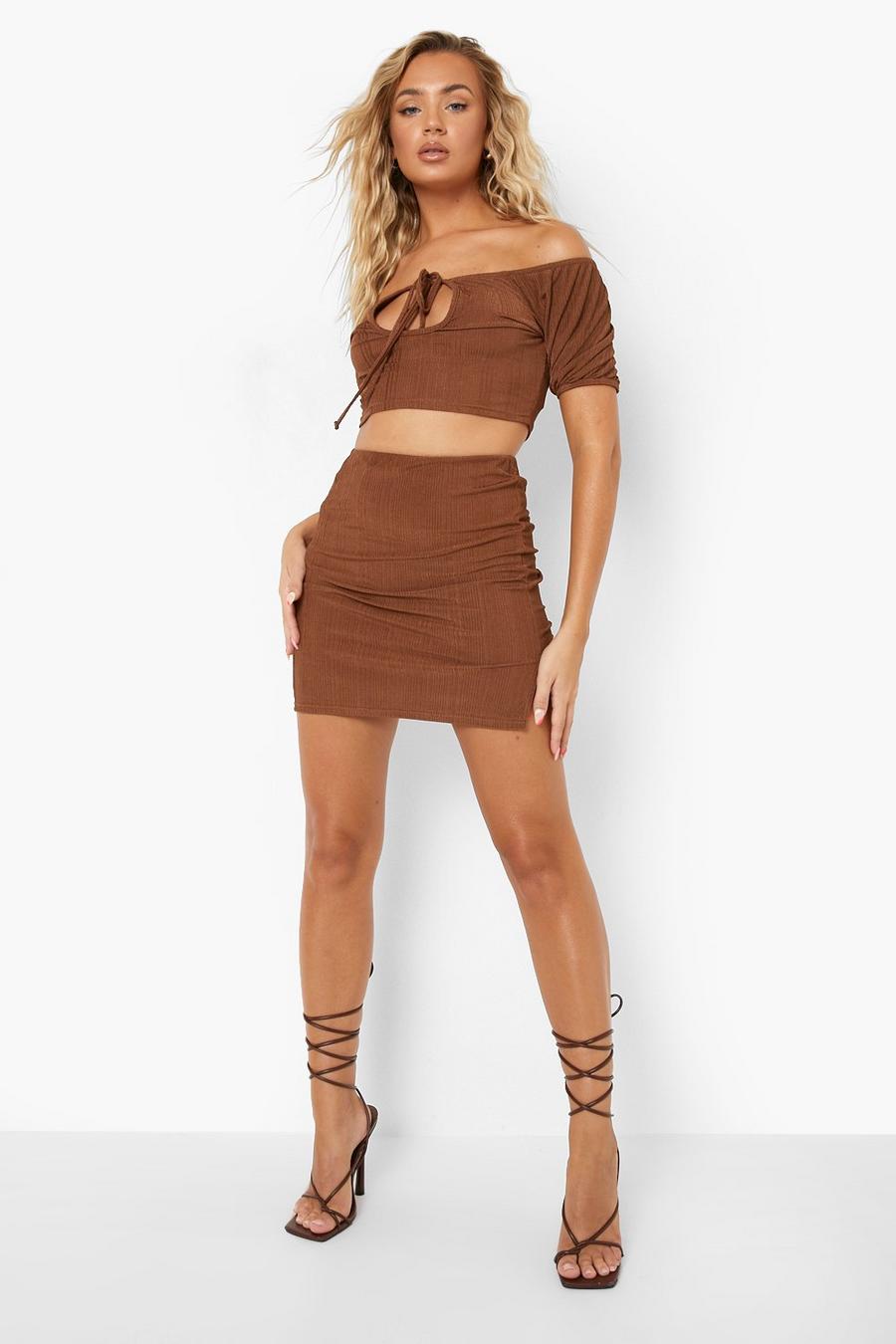Chocolate brown Slinky Rib Split Hem Co Ord Skirt