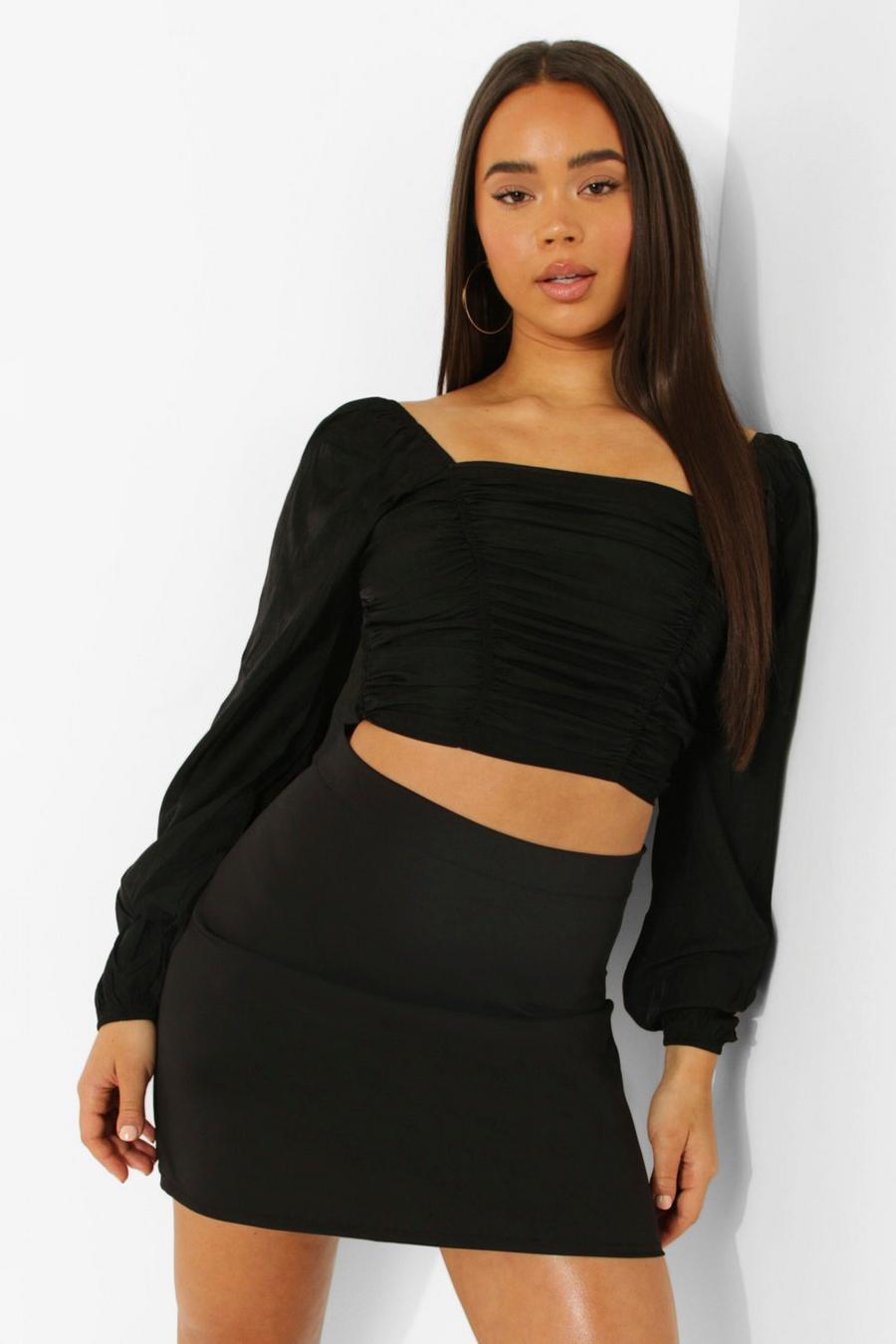 Black Puff Sleeve Ruched Front Top image number 1
