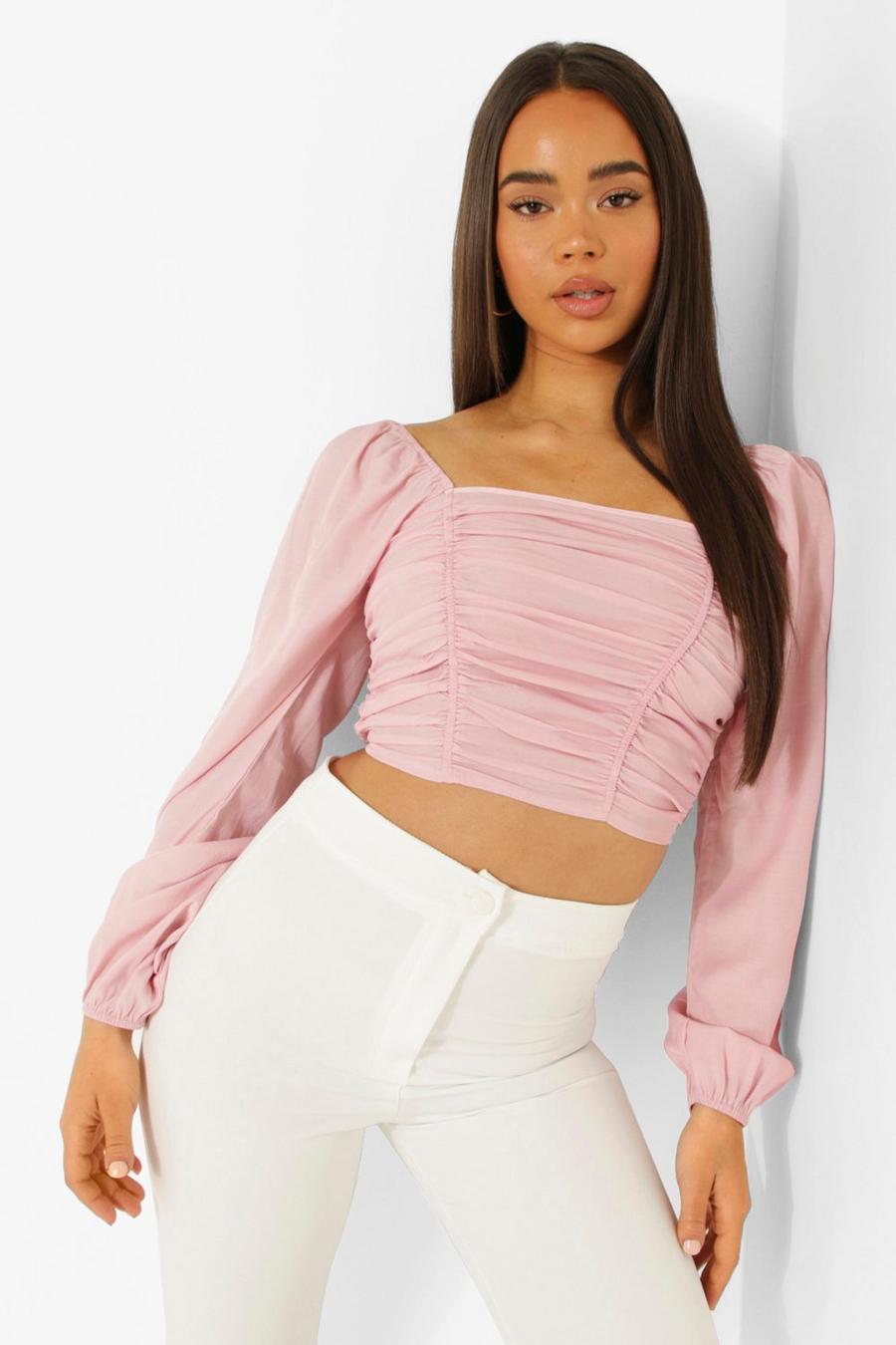 Rose pink Puff Sleeve Ruched Front Top image number 1