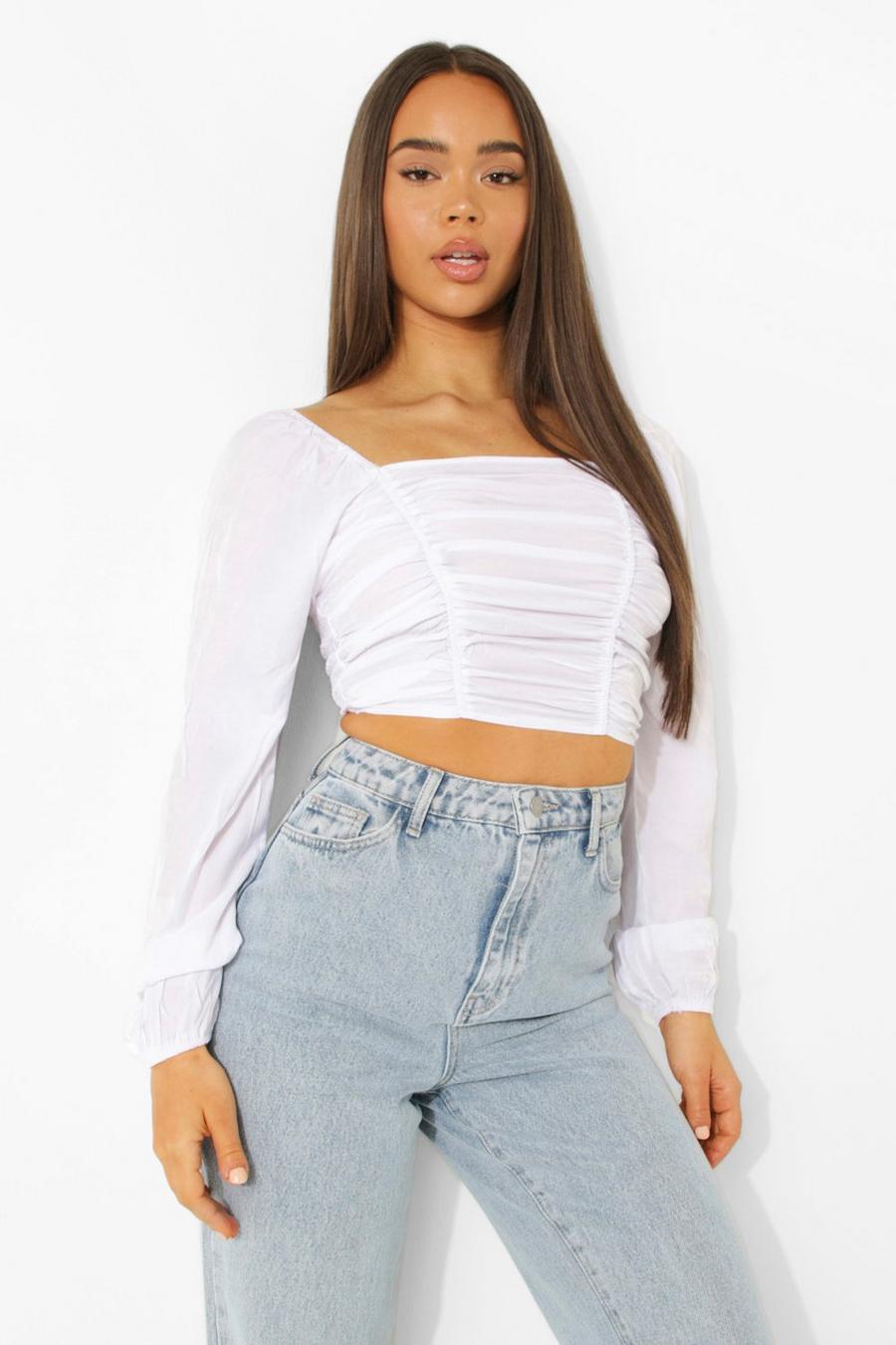 White Puff Sleeve Ruched Front Top image number 1