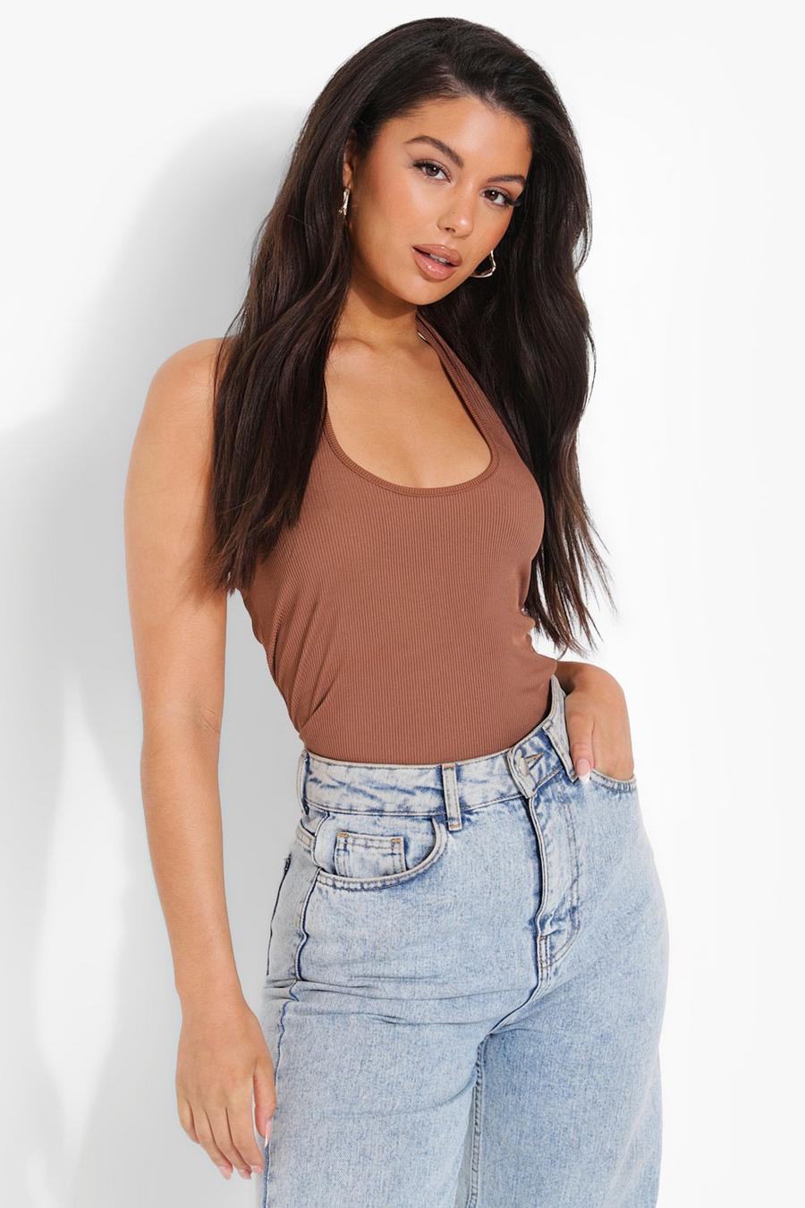 Chocolate Ruched Side Halterneck Rib Tank Top image number 1