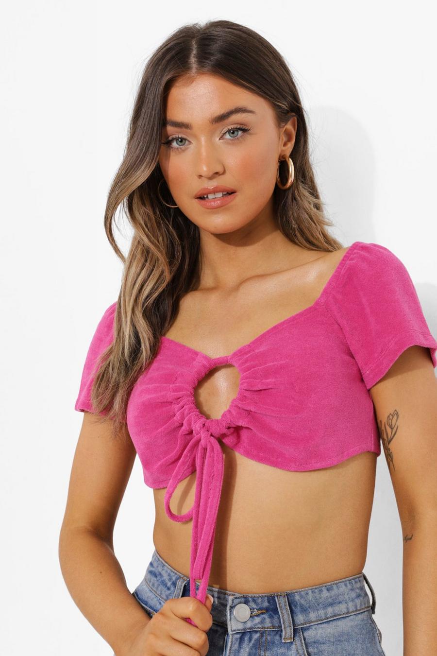 Bright pink Towelling Ruched Front Tie Crop Top