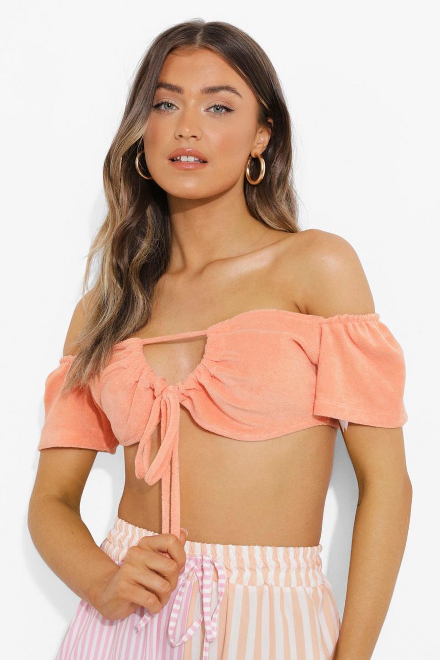 Coral Toweling Ruched Front Tie Crop Top image number 1