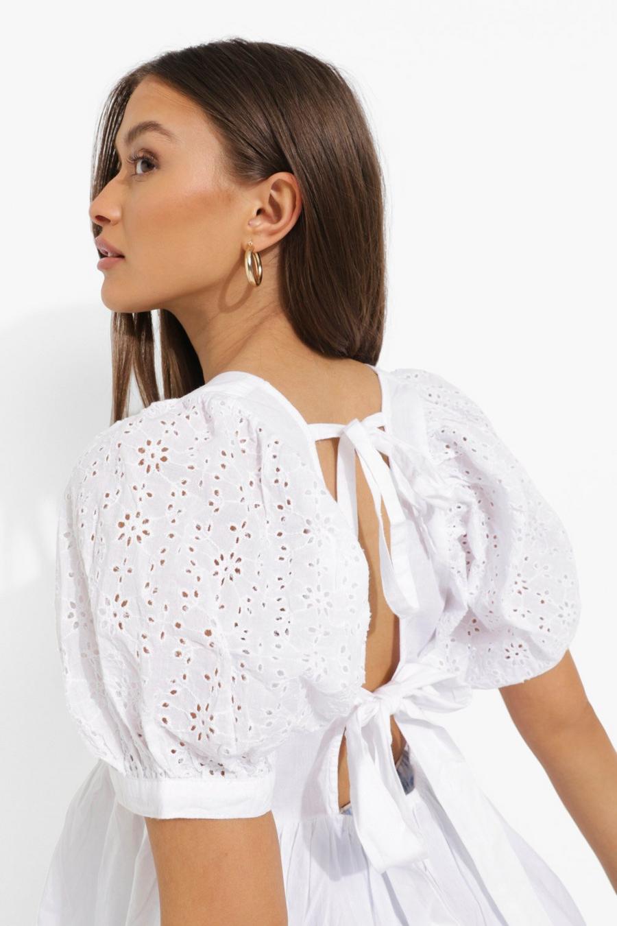 White Tie Back Broderie Smock Top image number 1