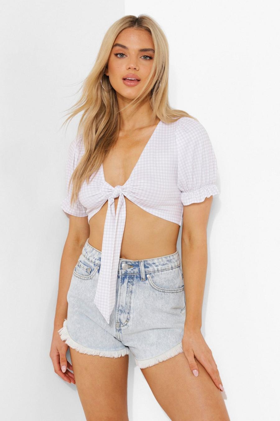 Stone Gingham Tie Front Puff Sleeve Top image number 1