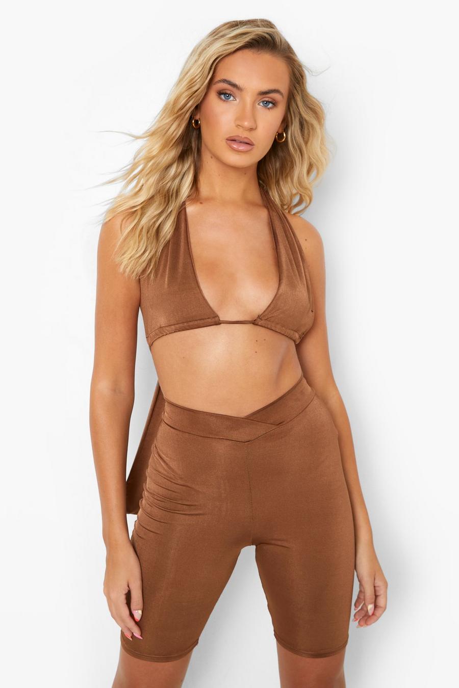 Chocolate Recycled Slinky Dip Hem Two-Piece Shorts image number 1