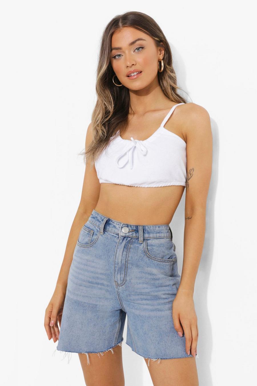 White Towelling Tie Front Strappy Crop Top image number 1