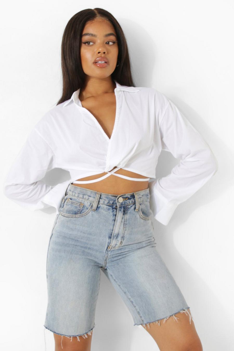 Ivory Tie Detail Over Sized Cropped Shirt image number 1