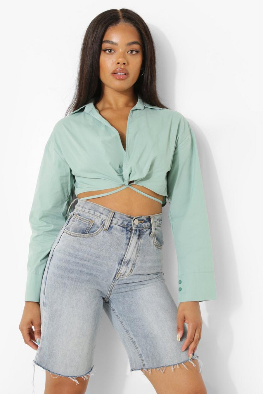 Sage Tie Detail Over Sized Cropped Shirt image number 1