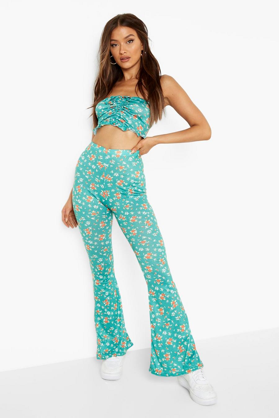 Bright green Floral Bralette & Flared Trousers image number 1