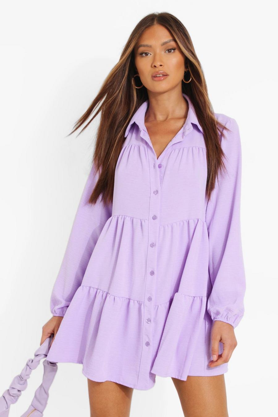 Robe chemise smockée à volants, Lilac purple